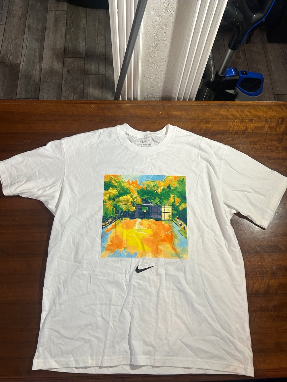 Nike White Tee with Orange, Yellow and Green Court Artwork